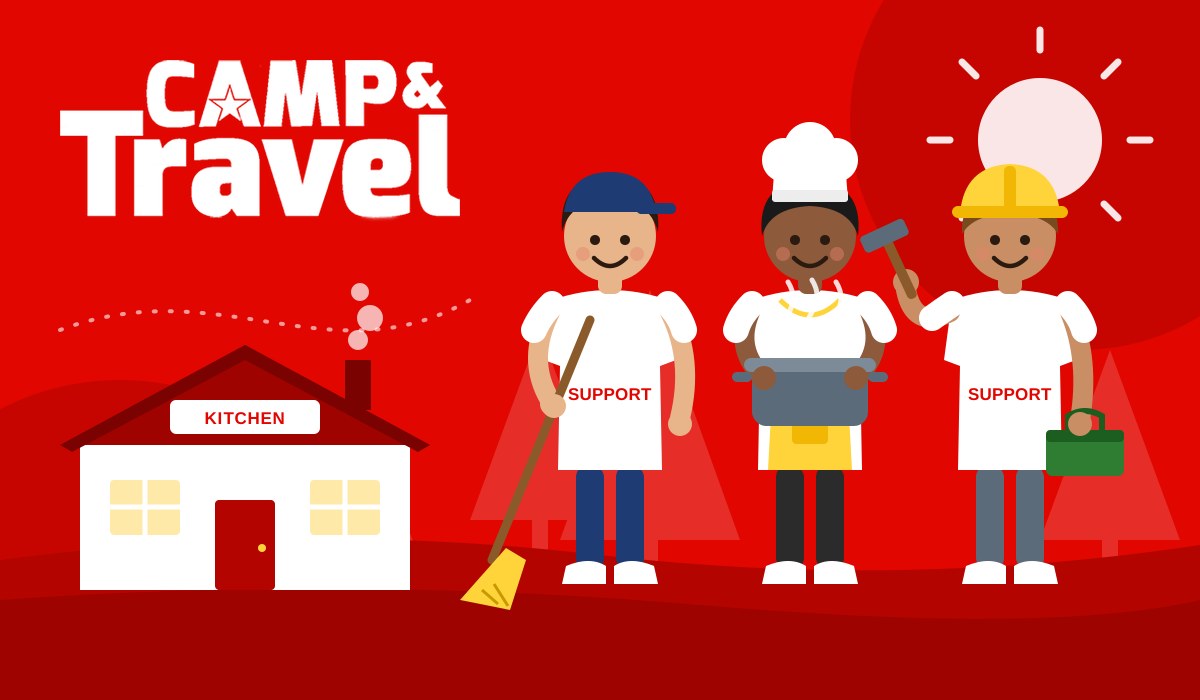 Camp and Travel America support staff working in the camp kitchen, cleaning and maintenance
